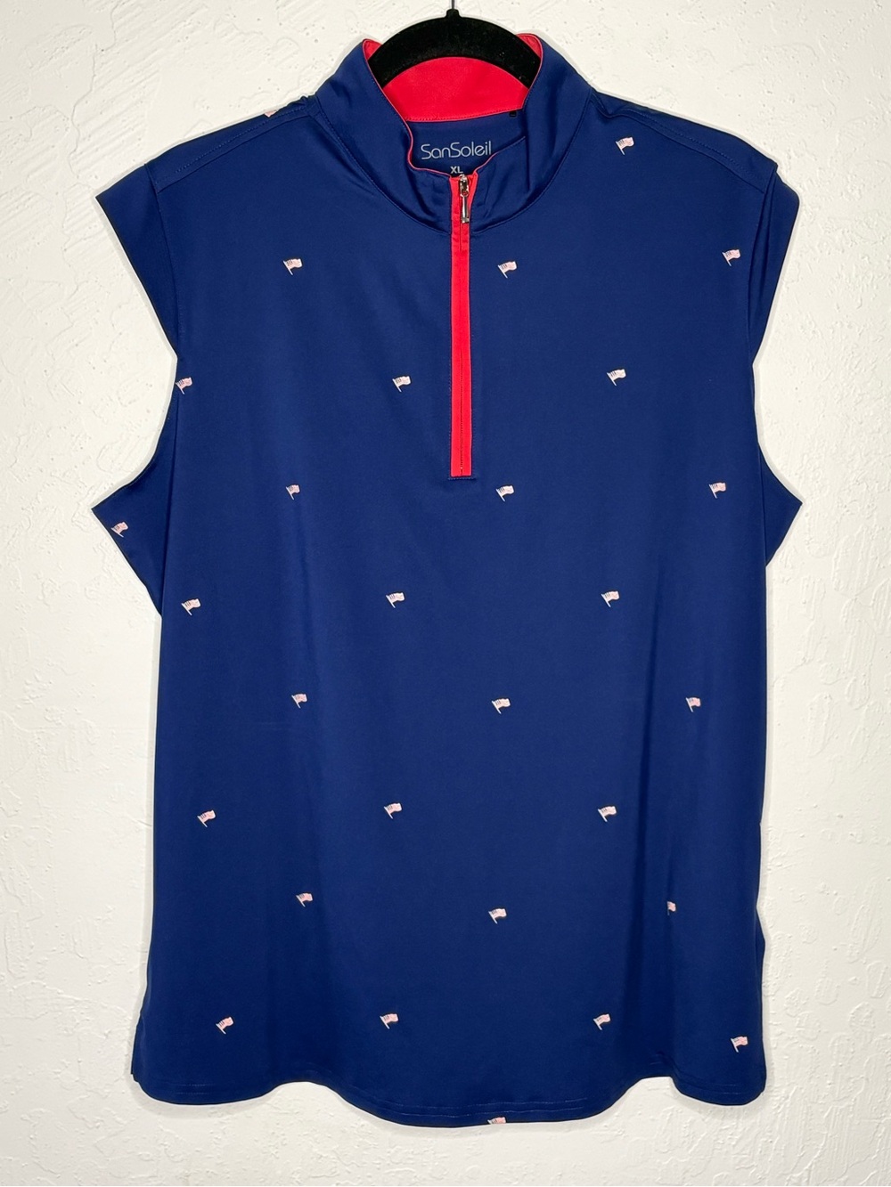 SanSoleil Women XL Top Flag Patriotic Sleeveless Golf USA Flag UPF 50 1/3 Zip
